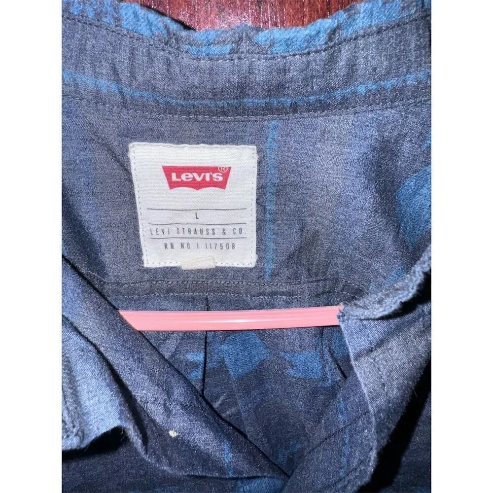 Levi's Men's L‎ Blue Geometric Pattern Long Sleeve Button-Down Casual Shirt